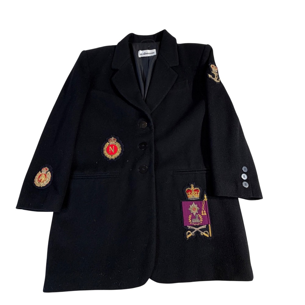 Black Wool Military Coat M Bullion Crest Patch Longline Steilmann